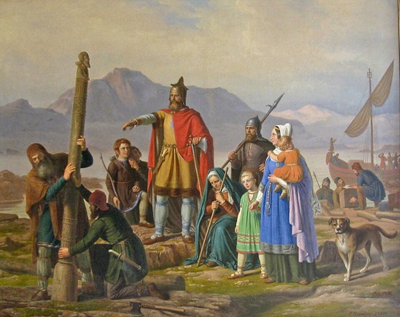 Ingólfr Arnarson begins first settlement of Iceland near Reykjavík, 874 (Johan Peter Raadsig) (1806 - 1882)